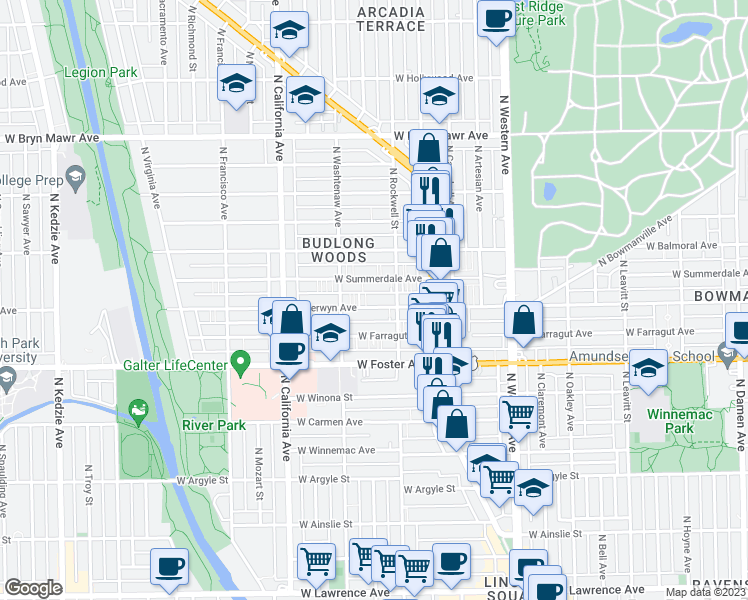 map of restaurants, bars, coffee shops, grocery stores, and more near 2605 West Berwyn Avenue in Chicago
