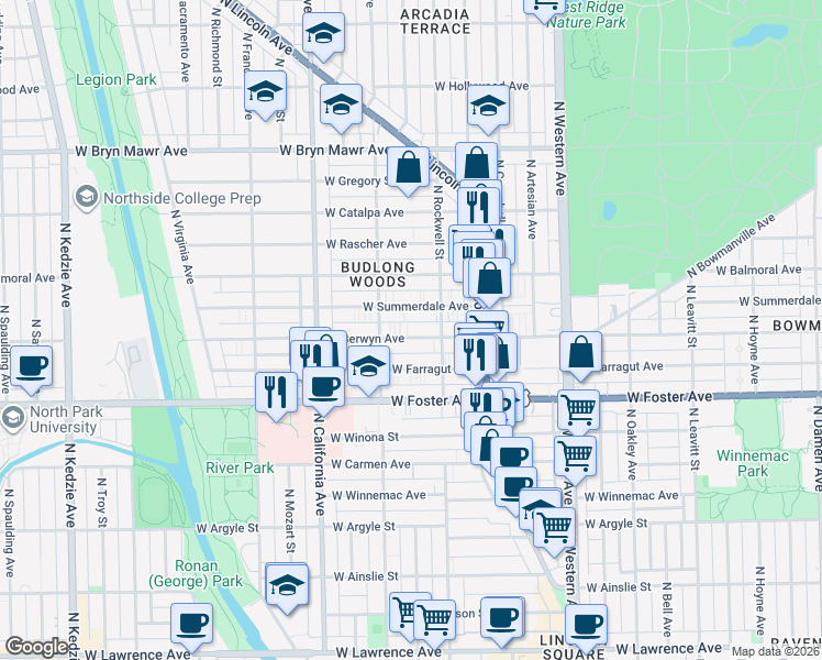 map of restaurants, bars, coffee shops, grocery stores, and more near 2649 West Berwyn Avenue in Chicago