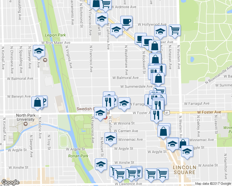 map of restaurants, bars, coffee shops, grocery stores, and more near 2723 West Berwyn Avenue in Chicago