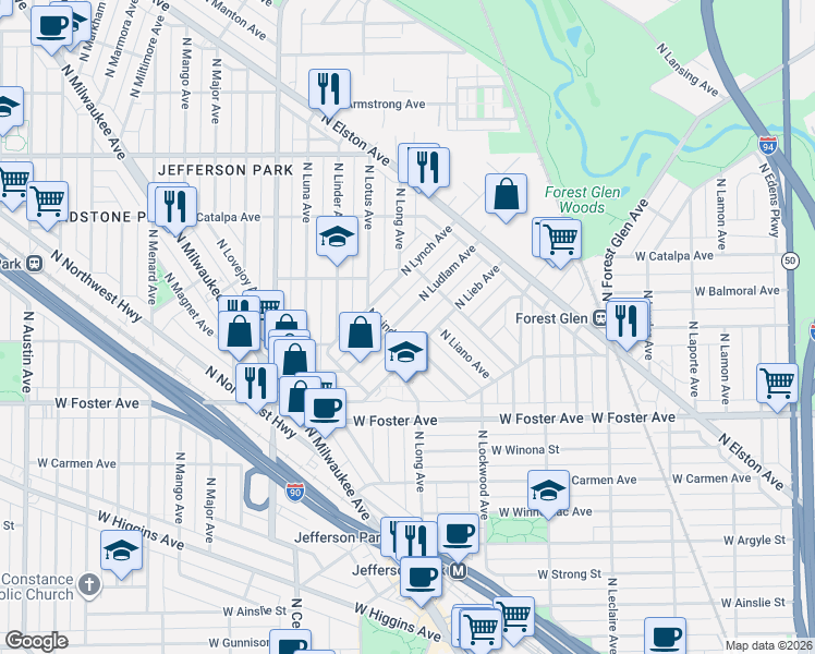 map of restaurants, bars, coffee shops, grocery stores, and more near 5301 North Ludlam Avenue in Chicago