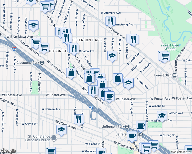 map of restaurants, bars, coffee shops, grocery stores, and more near 5301 North Central Avenue in Chicago