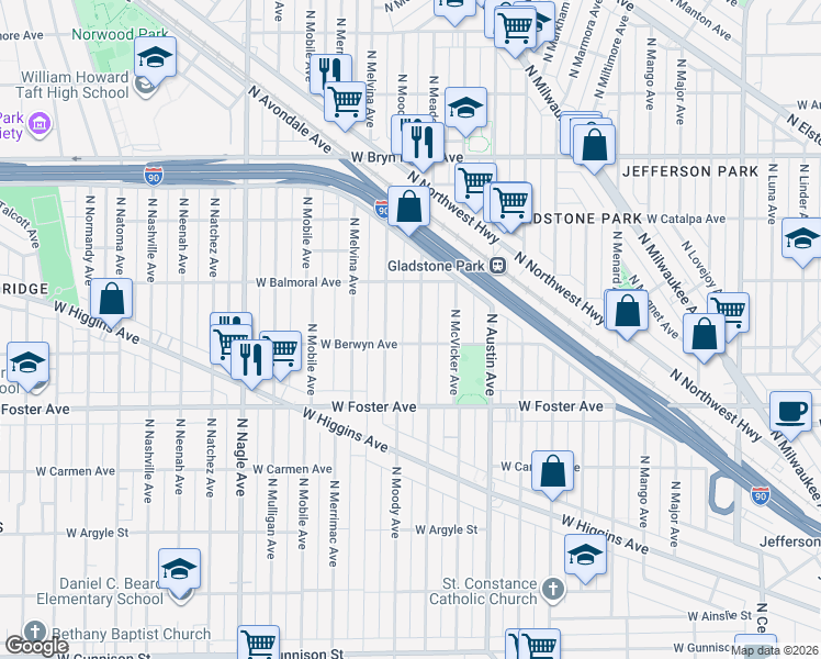 map of restaurants, bars, coffee shops, grocery stores, and more near 5300 North Meade Avenue in Chicago