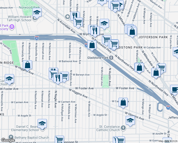 map of restaurants, bars, coffee shops, grocery stores, and more near 5300 North Meade Avenue in Chicago