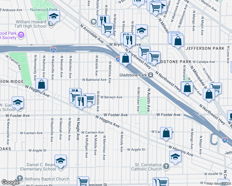 map of restaurants, bars, coffee shops, grocery stores, and more near 5301 North Melvina Avenue in Chicago