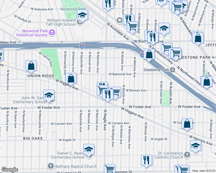 map of restaurants, bars, coffee shops, grocery stores, and more near 5301 North Nagle Avenue in Chicago