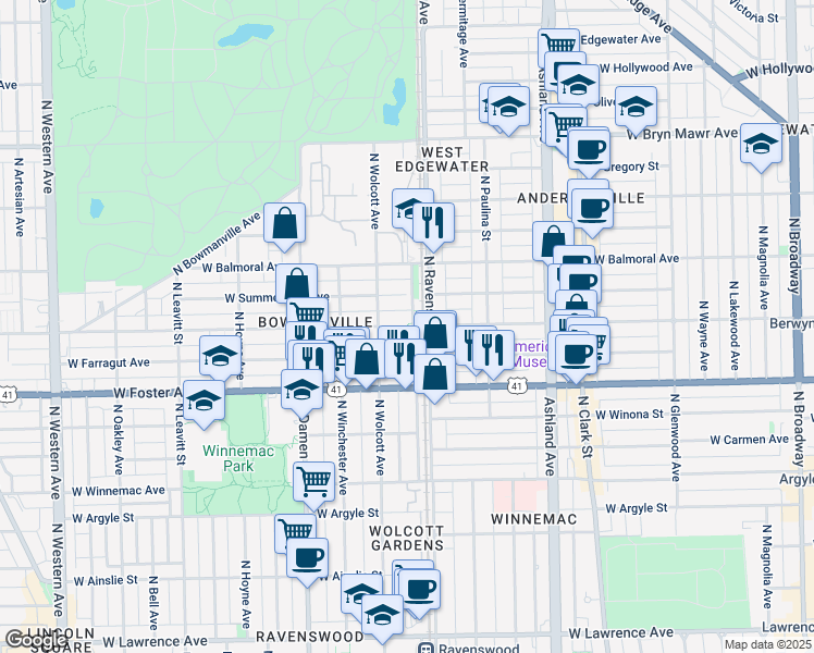 map of restaurants, bars, coffee shops, grocery stores, and more near 1800 West Berwyn Avenue in Chicago