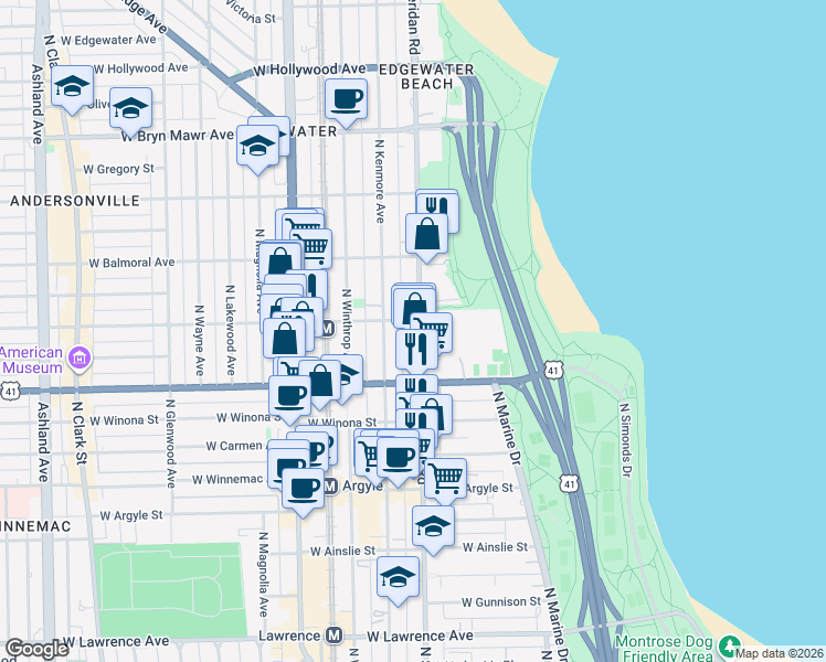map of restaurants, bars, coffee shops, grocery stores, and more near 5250 North Sheridan Road in Chicago