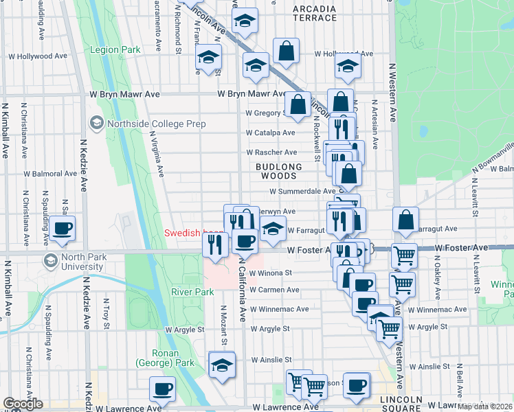 map of restaurants, bars, coffee shops, grocery stores, and more near 2723 West Berwyn Avenue in Chicago