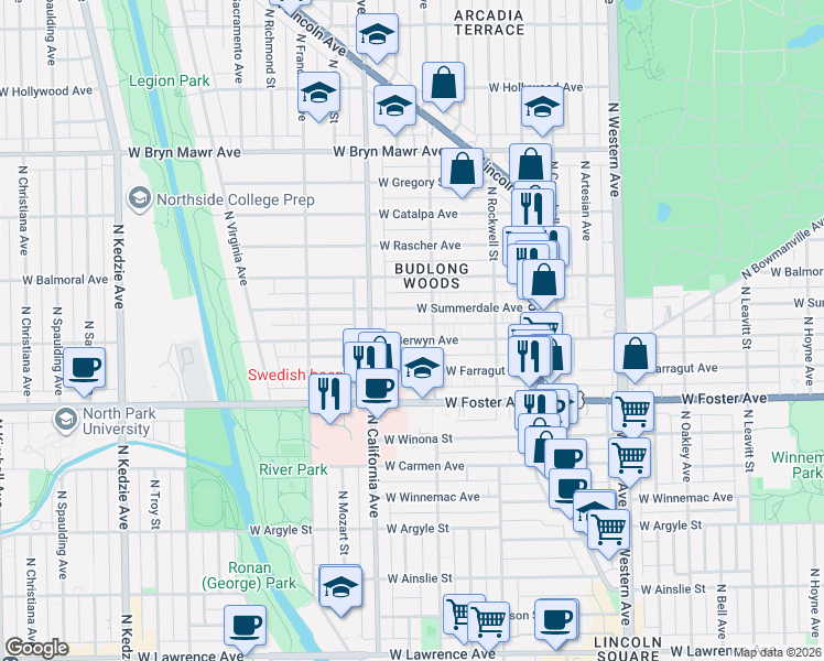 map of restaurants, bars, coffee shops, grocery stores, and more near 2723 West Berwyn Avenue in Chicago