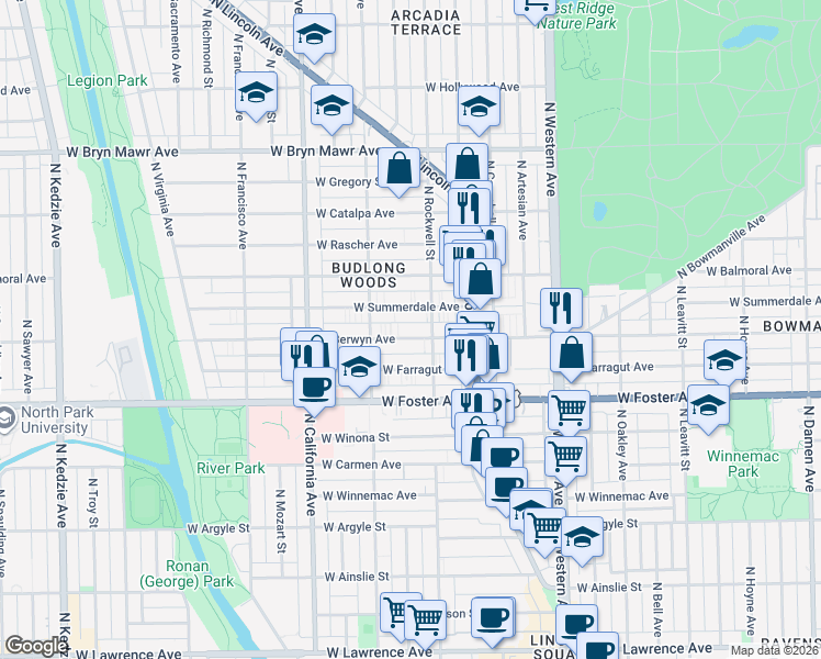 map of restaurants, bars, coffee shops, grocery stores, and more near 2605 West Berwyn Avenue in Chicago