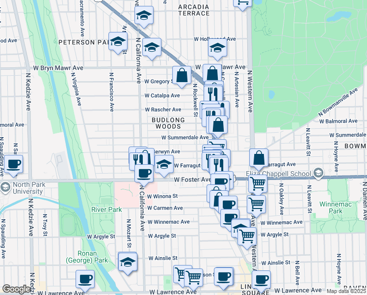 map of restaurants, bars, coffee shops, grocery stores, and more near 2649 West Berwyn Avenue in Chicago