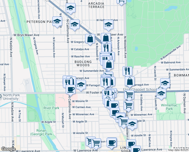 map of restaurants, bars, coffee shops, grocery stores, and more near 2605 West Berwyn Avenue in Chicago
