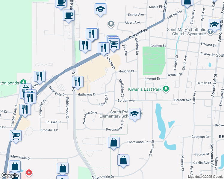 map of restaurants, bars, coffee shops, grocery stores, and more near 1000 Bristol Drive East in Sycamore