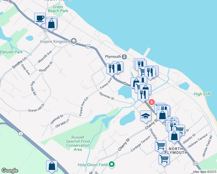 map of restaurants, bars, coffee shops, grocery stores, and more near 47 Spooner Street in Plymouth