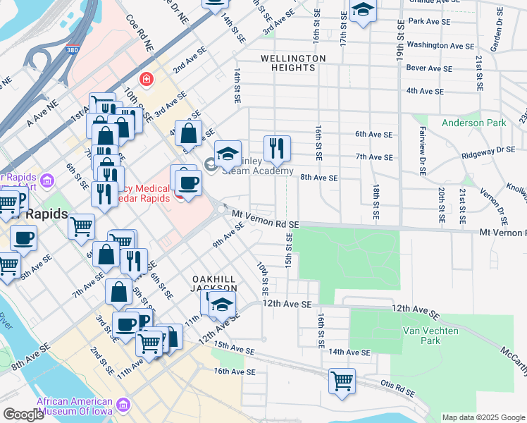 map of restaurants, bars, coffee shops, grocery stores, and more near 1420 Mount Vernon Road Southeast in Cedar Rapids