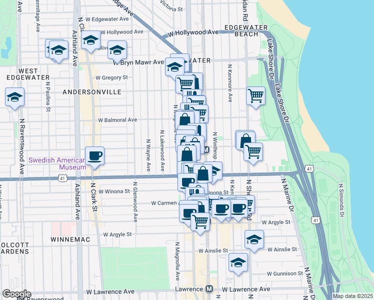 map of restaurants, bars, coffee shops, grocery stores, and more near 5227 North Broadway in Chicago