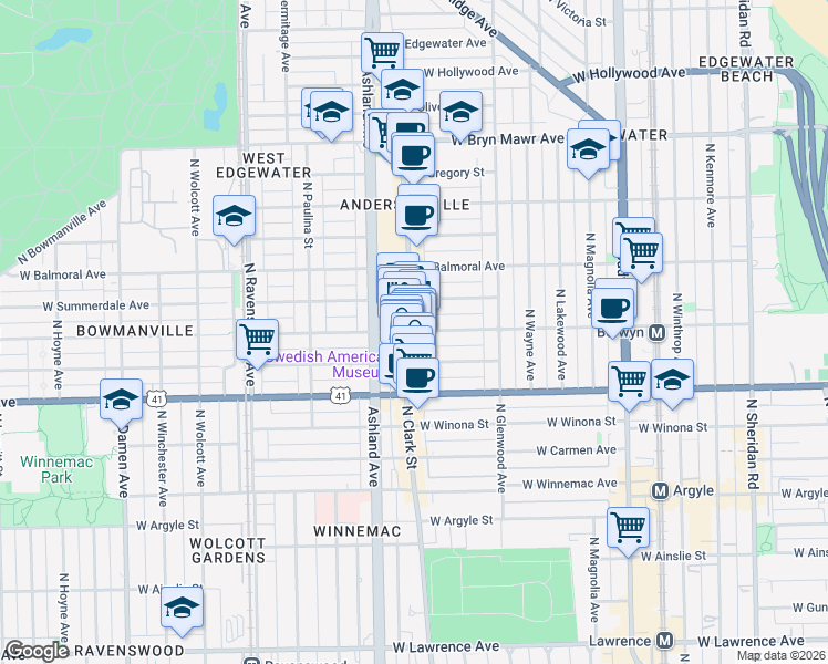 map of restaurants, bars, coffee shops, grocery stores, and more near 1487 West Berwyn Avenue in Chicago