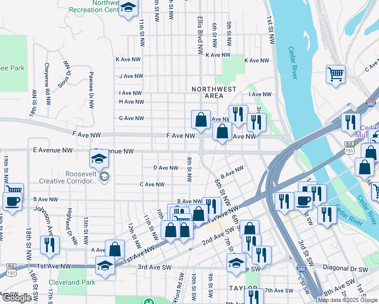 map of restaurants, bars, coffee shops, grocery stores, and more near 599 8th St NW in Cedar Rapids