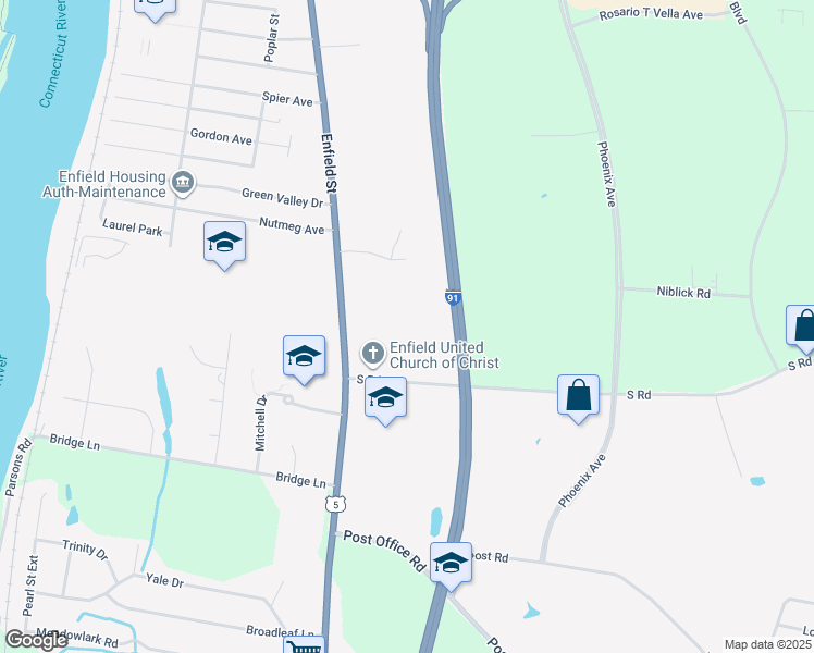 map of restaurants, bars, coffee shops, grocery stores, and more near 1279 Enfield Street in Enfield