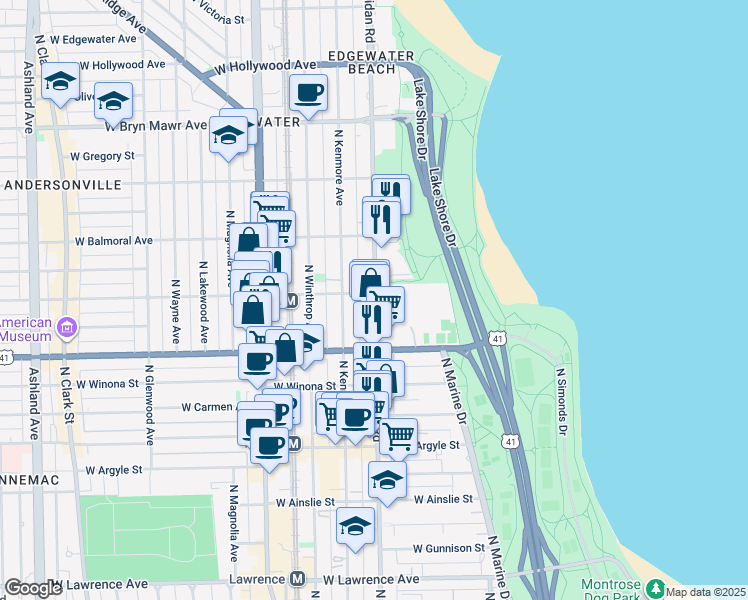 map of restaurants, bars, coffee shops, grocery stores, and more near 5250 North Sheridan Road in Chicago