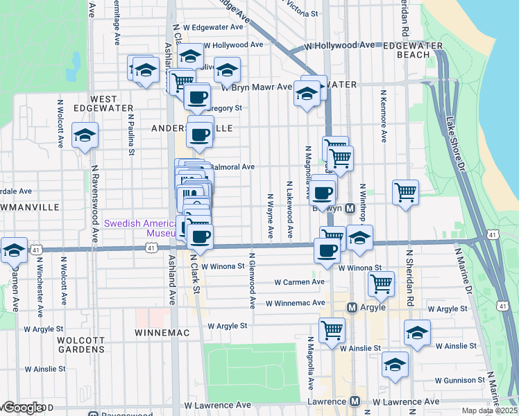 map of restaurants, bars, coffee shops, grocery stores, and more near 5241 North Glenwood Avenue in Chicago