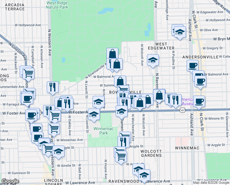 map of restaurants, bars, coffee shops, grocery stores, and more near 2037 West Berwyn Avenue in Chicago