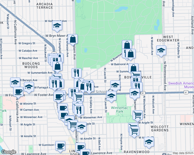 map of restaurants, bars, coffee shops, grocery stores, and more near 2225 West Berwyn Avenue in Chicago