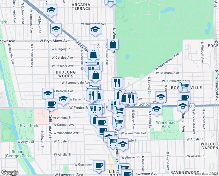 map of restaurants, bars, coffee shops, grocery stores, and more near 2411 West Berwyn Avenue in Chicago
