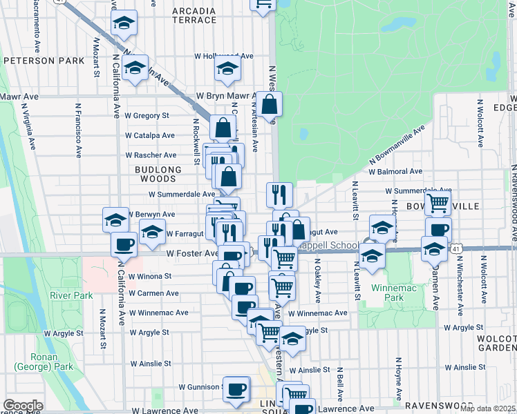 map of restaurants, bars, coffee shops, grocery stores, and more near 2411 West Berwyn Avenue in Chicago
