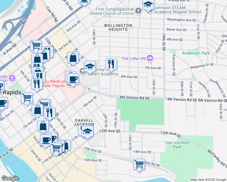 map of restaurants, bars, coffee shops, grocery stores, and more near 1508 Mount Vernon Road Southeast in Cedar Rapids