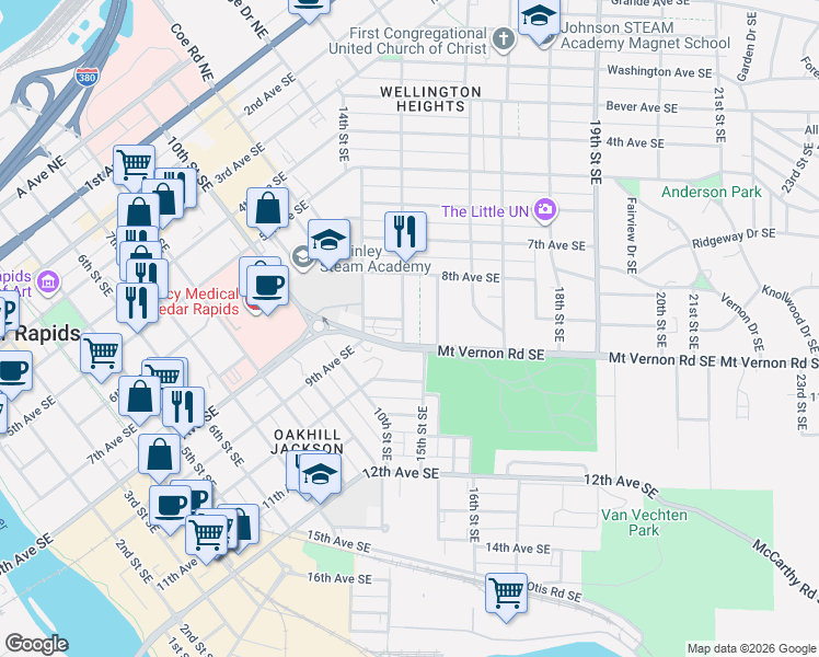 map of restaurants, bars, coffee shops, grocery stores, and more near 1508 Mount Vernon Road Southeast in Cedar Rapids