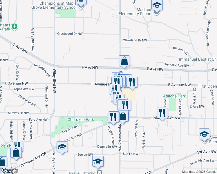 map of restaurants, bars, coffee shops, grocery stores, and more near 3513 E Avenue Northwest in Cedar Rapids