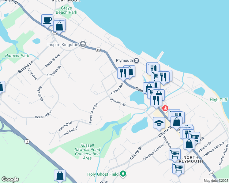 map of restaurants, bars, coffee shops, grocery stores, and more near 27 Forest Avenue in Plymouth