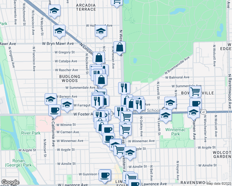 map of restaurants, bars, coffee shops, grocery stores, and more near 2411 West Berwyn Avenue in Chicago