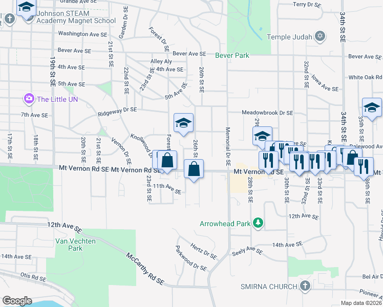 map of restaurants, bars, coffee shops, grocery stores, and more near 730 26th Street Southeast in Cedar Rapids