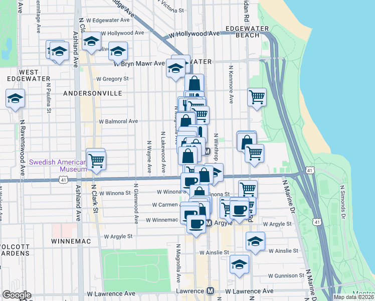 map of restaurants, bars, coffee shops, grocery stores, and more near 5227 North Broadway in Chicago