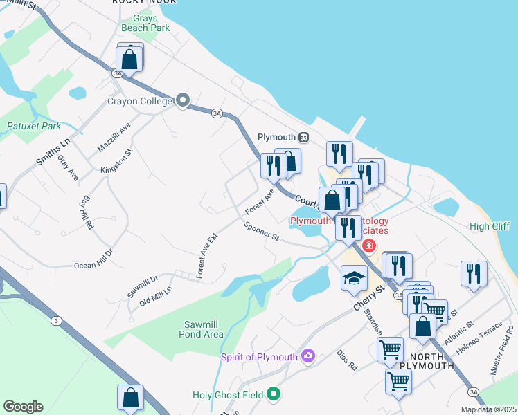 map of restaurants, bars, coffee shops, grocery stores, and more near 22 Forest Avenue Court in Plymouth