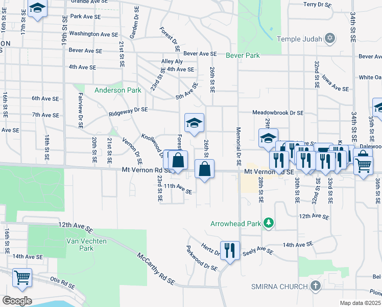 map of restaurants, bars, coffee shops, grocery stores, and more near 707 25th Street Southeast in Cedar Rapids