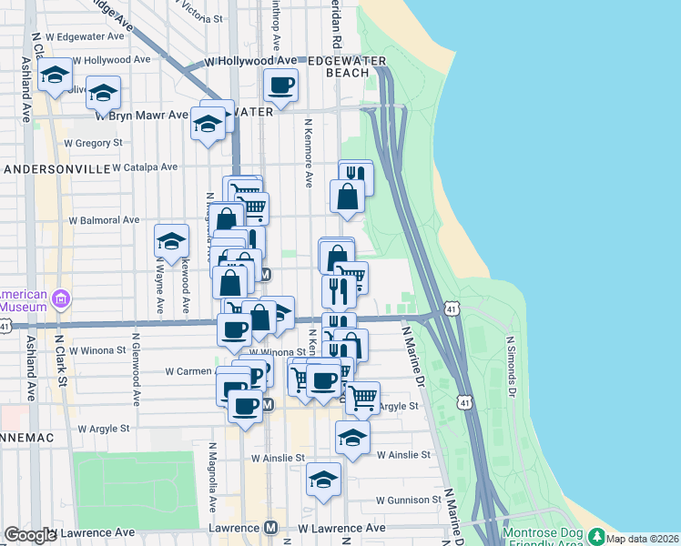 map of restaurants, bars, coffee shops, grocery stores, and more near 5250 North Sheridan Road in Chicago