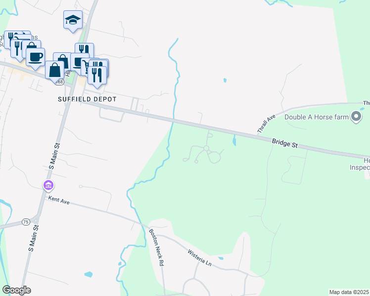map of restaurants, bars, coffee shops, grocery stores, and more near 52 Boysenberry Court in Suffield