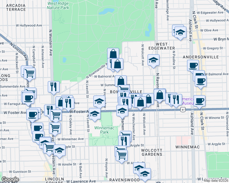 map of restaurants, bars, coffee shops, grocery stores, and more near 2037 West Berwyn Avenue in Chicago