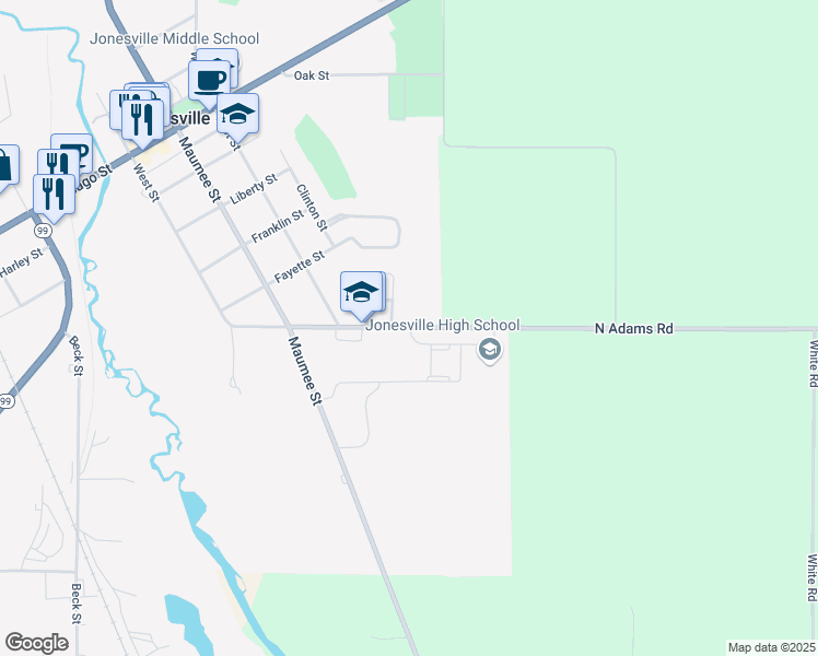 map of restaurants, bars, coffee shops, grocery stores, and more near 460 Adrian Street in Jonesville