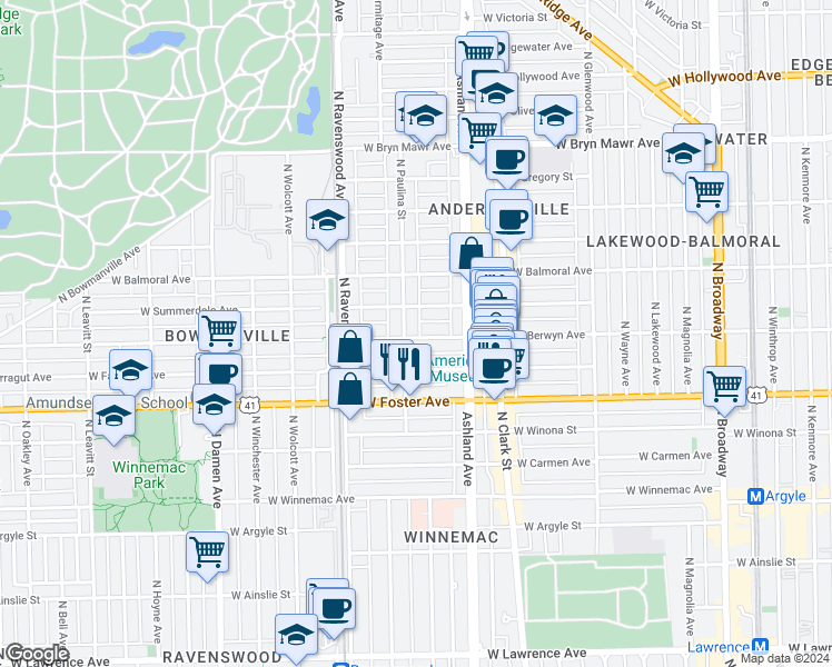 map of restaurants, bars, coffee shops, grocery stores, and more near 1648 West Berwyn Avenue in Chicago