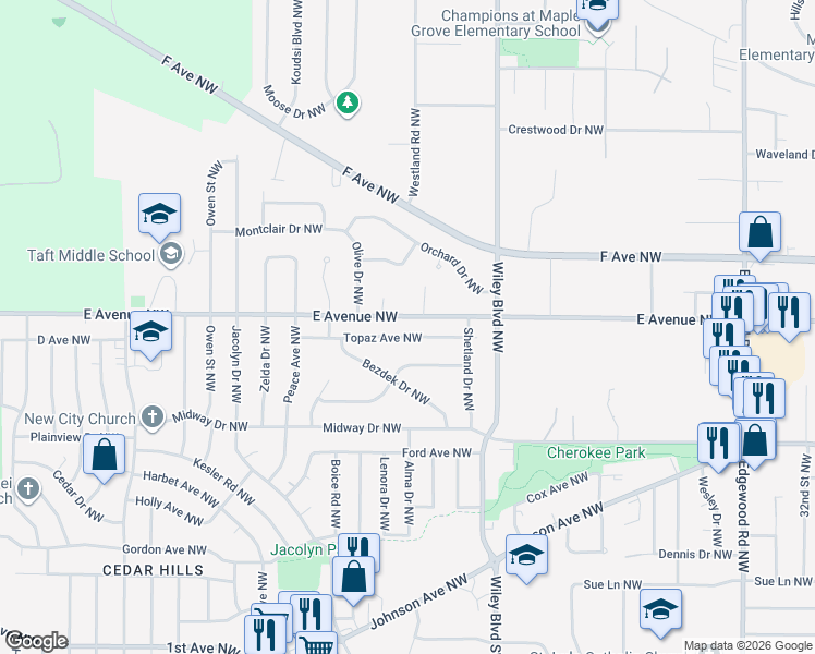 map of restaurants, bars, coffee shops, grocery stores, and more near 4407 Topaz Avenue Northwest in Cedar Rapids