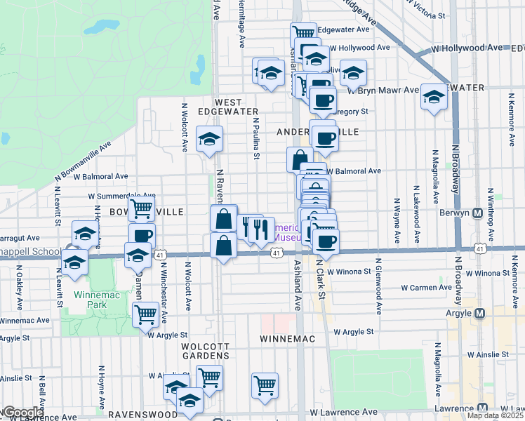 map of restaurants, bars, coffee shops, grocery stores, and more near 1654 West Berwyn Avenue in Chicago