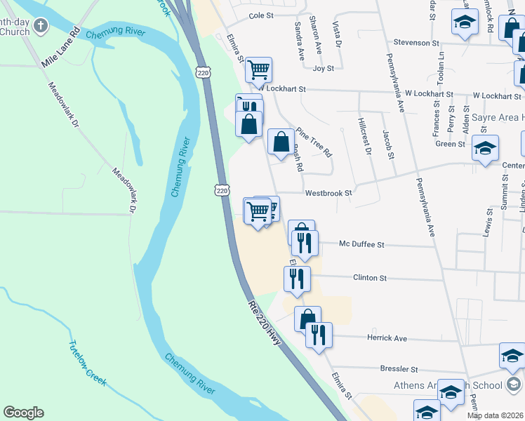 map of restaurants, bars, coffee shops, grocery stores, and more near 92 Winslow St in Sayre