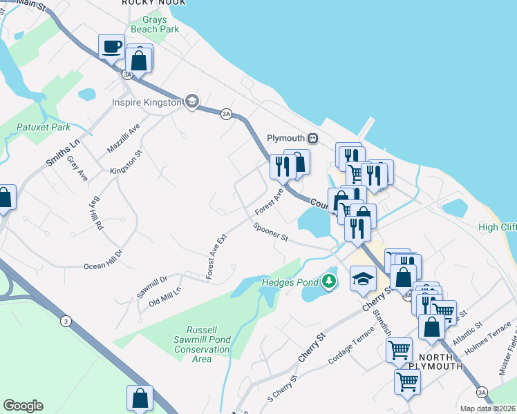 map of restaurants, bars, coffee shops, grocery stores, and more near 47 Spooner Street in Plymouth
