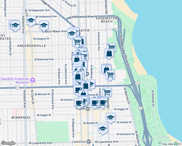 map of restaurants, bars, coffee shops, grocery stores, and more near 1119 West Berwyn Avenue in Chicago