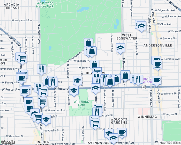 map of restaurants, bars, coffee shops, grocery stores, and more near 2037 West Berwyn Avenue in Chicago