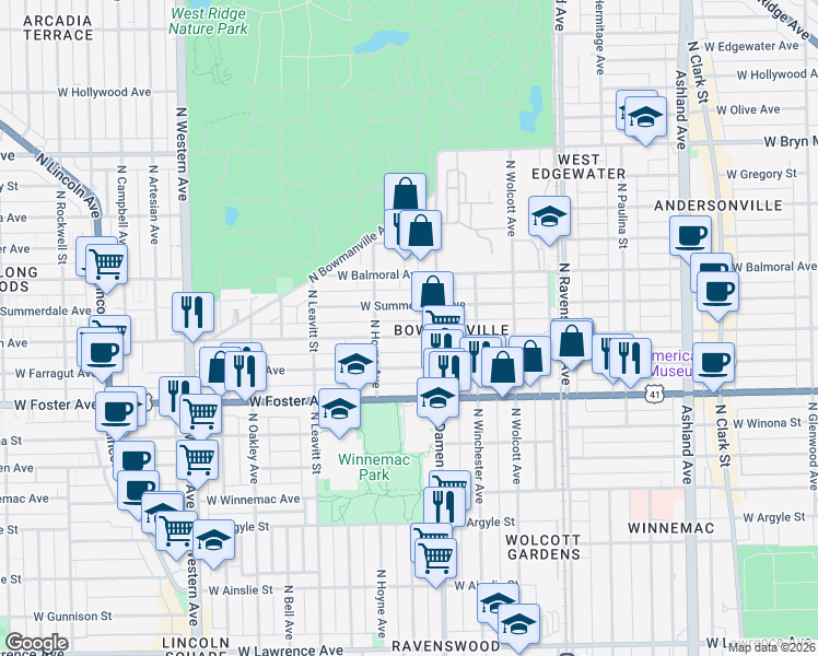 map of restaurants, bars, coffee shops, grocery stores, and more near 2037 West Berwyn Avenue in Chicago